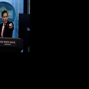 US Secretary of State Marco Rubio takes questions from reporters during a press briefing in the White House