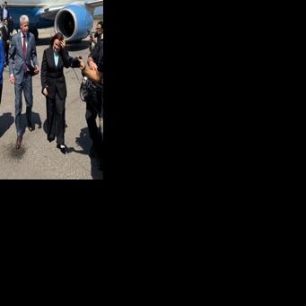 US energy secretary Chris Wright (2nd from right) with charge d'affaires Laura Dogu (2nd from left) at the Maiquetia airport that serves Caracas
