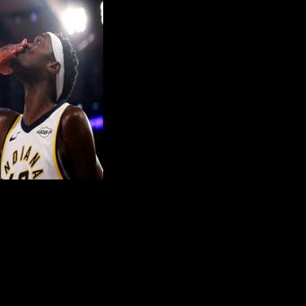 Indiana's Pascal Siakam celebrates a three-point in the Pacers' NBA overtime victory over the New York Knicks