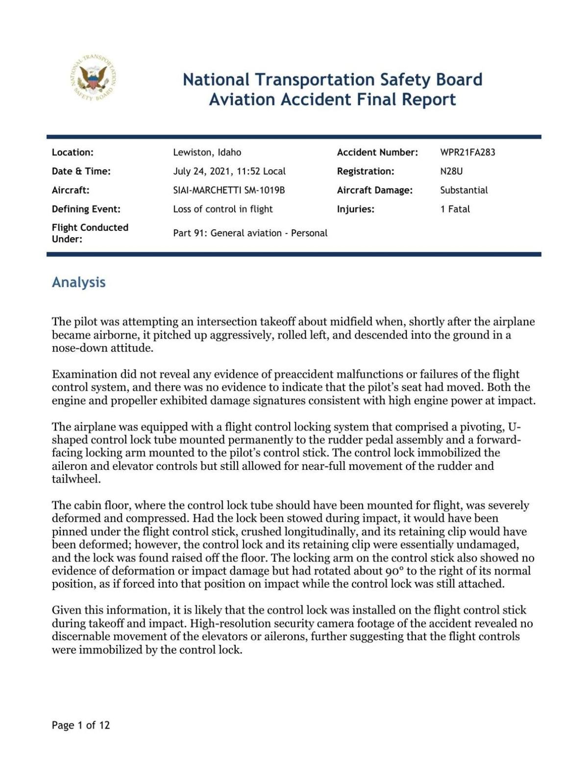 Failure To Remove Control Lock Caused Deadly 2021 Lewiston Plane Crash,  Says Ntsb Report | Idaho | Bigcountrynewsconnection.com