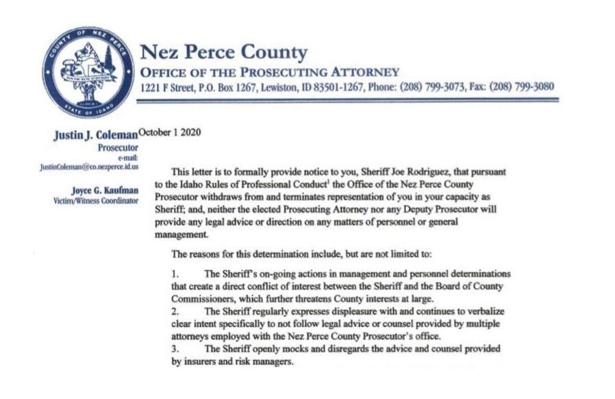 Nez Perce County Prosecutor Ends Representation of Sheriff Idaho