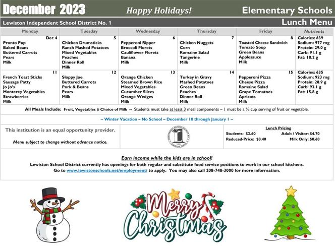 Lewiston Independent School District Lunch Menu for December Idaho