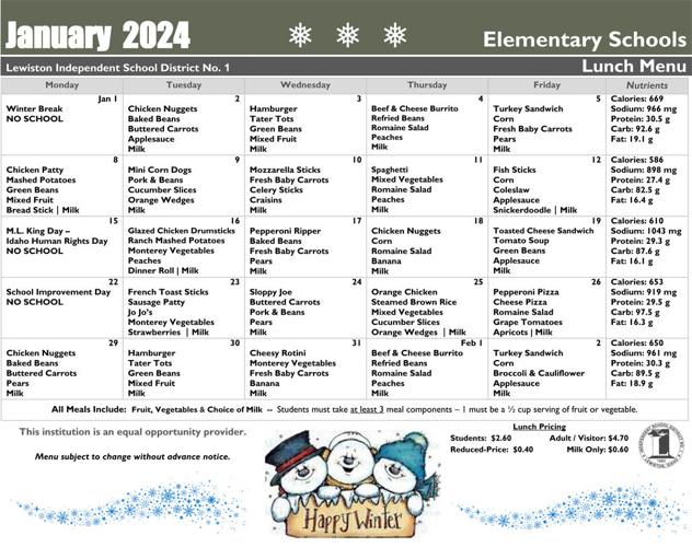January School Lunch Menu for The Lewiston Independent School District