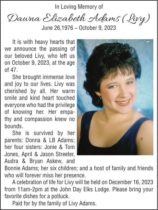 Obituary: Dawna Elizabeth Adams (Livy) | Obituaries | Bluemountaineagle.com