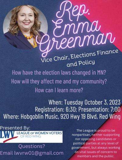 League of Women Voters – Red Wing announces Rep. Emma Greenman to speak ...