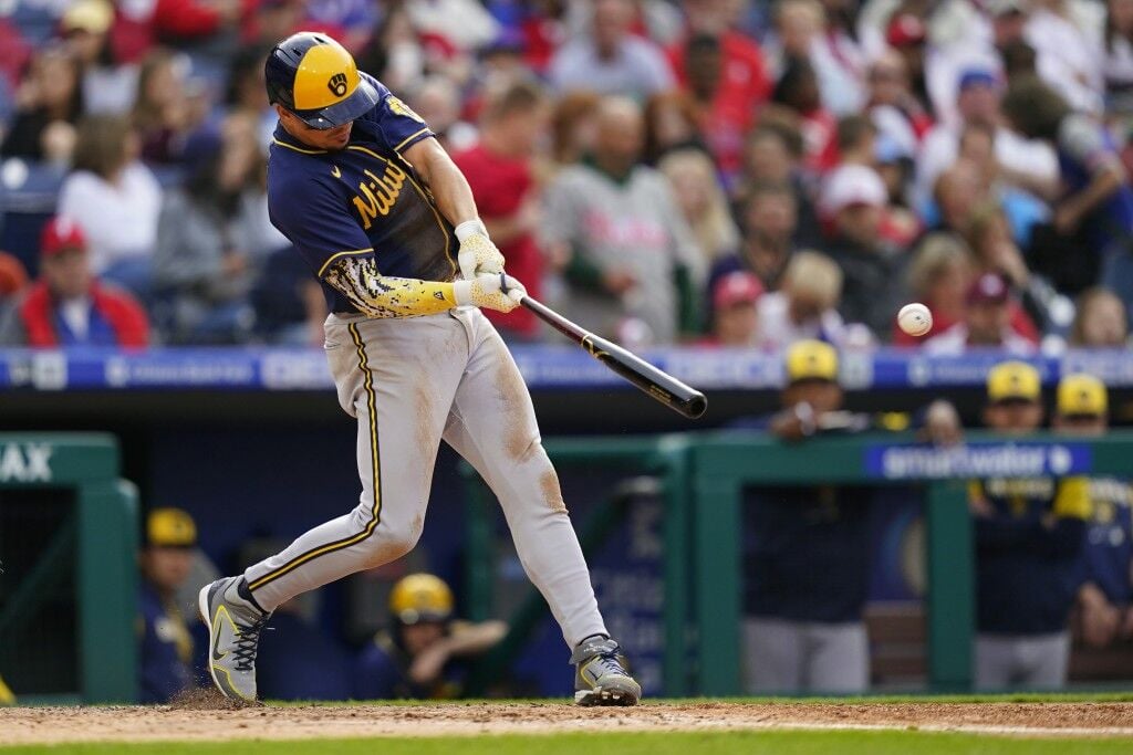 Milwaukee Brewers' Andrew McCutchen in action during a baseball game  against the Washington Nationals, Sunday, June 12, 2022, in Washington. (AP  Photo/Nick Wass Stock Photo - Alamy