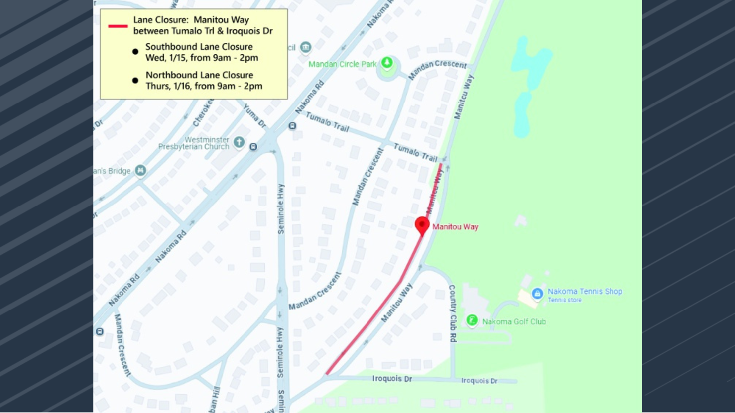 Portion of Manitou Way to briefly close next week due to tree removal