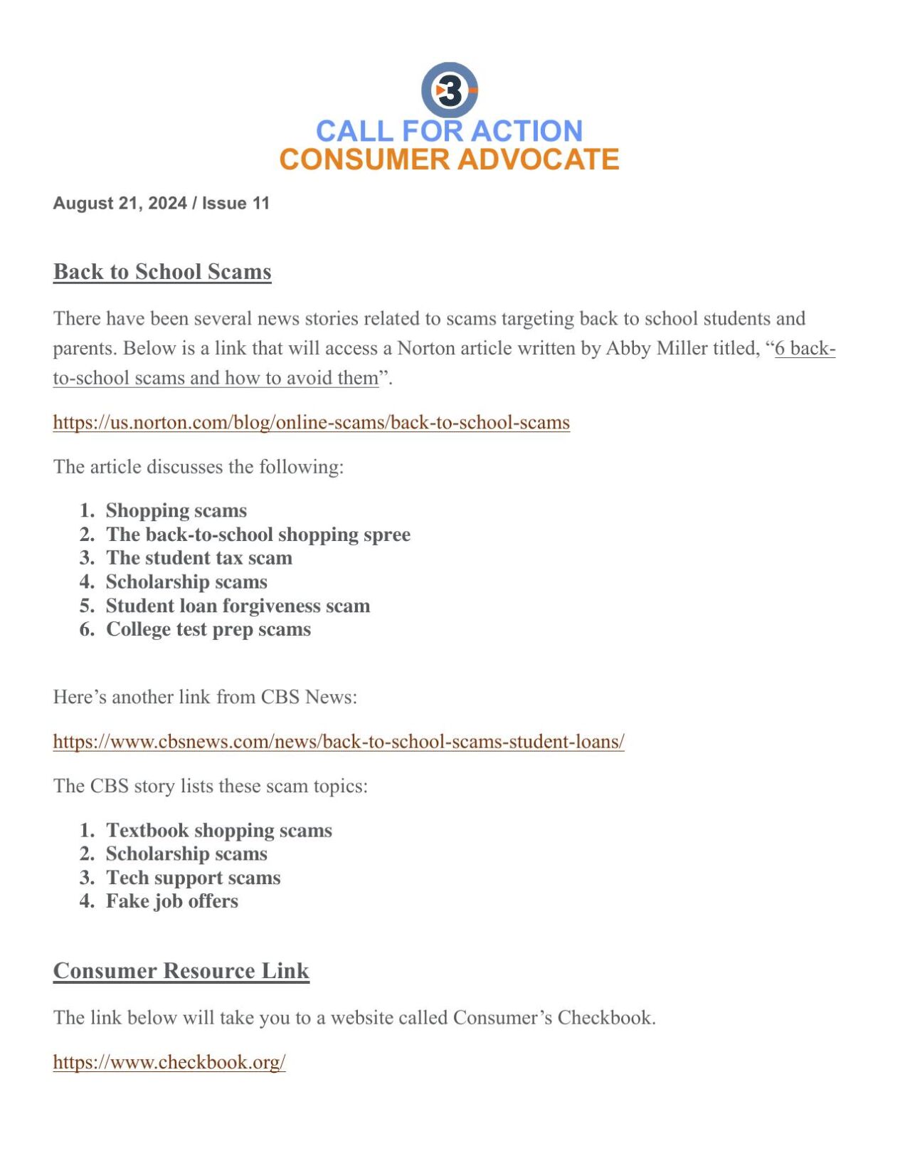 Call for Action Newsletter: August 2024 | Call for Action | channel3000.com