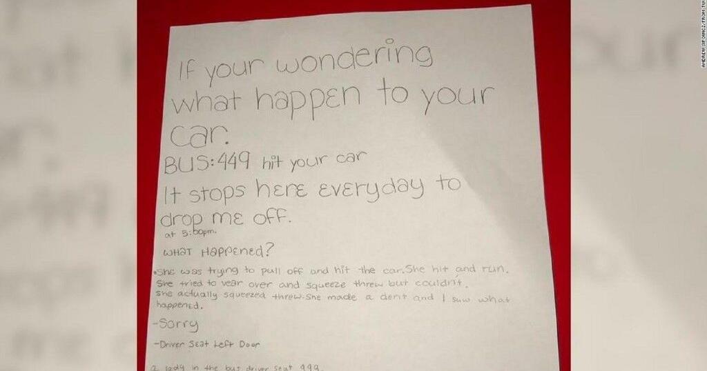 Student leaves note on car hit by bus | National and World News ...