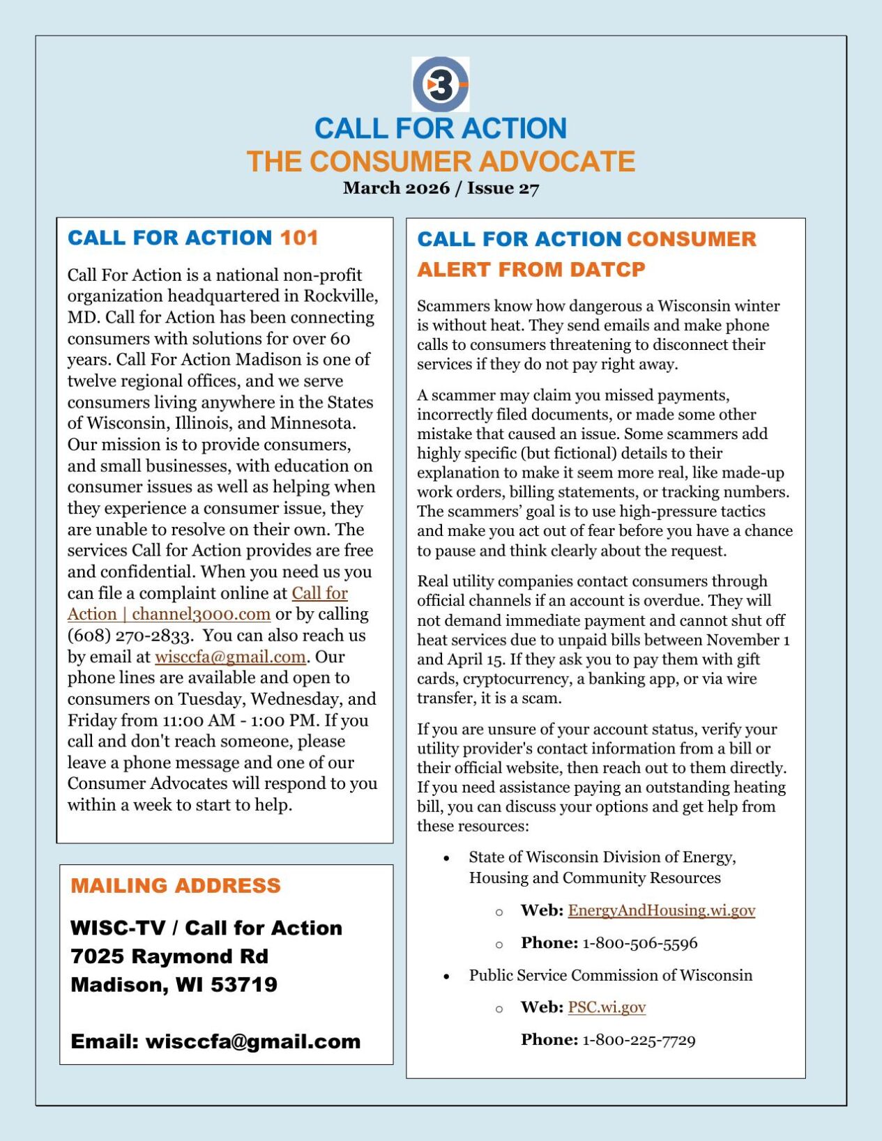 Call for Action Newsletter: March 2026 | Call for Action | channel3000.com