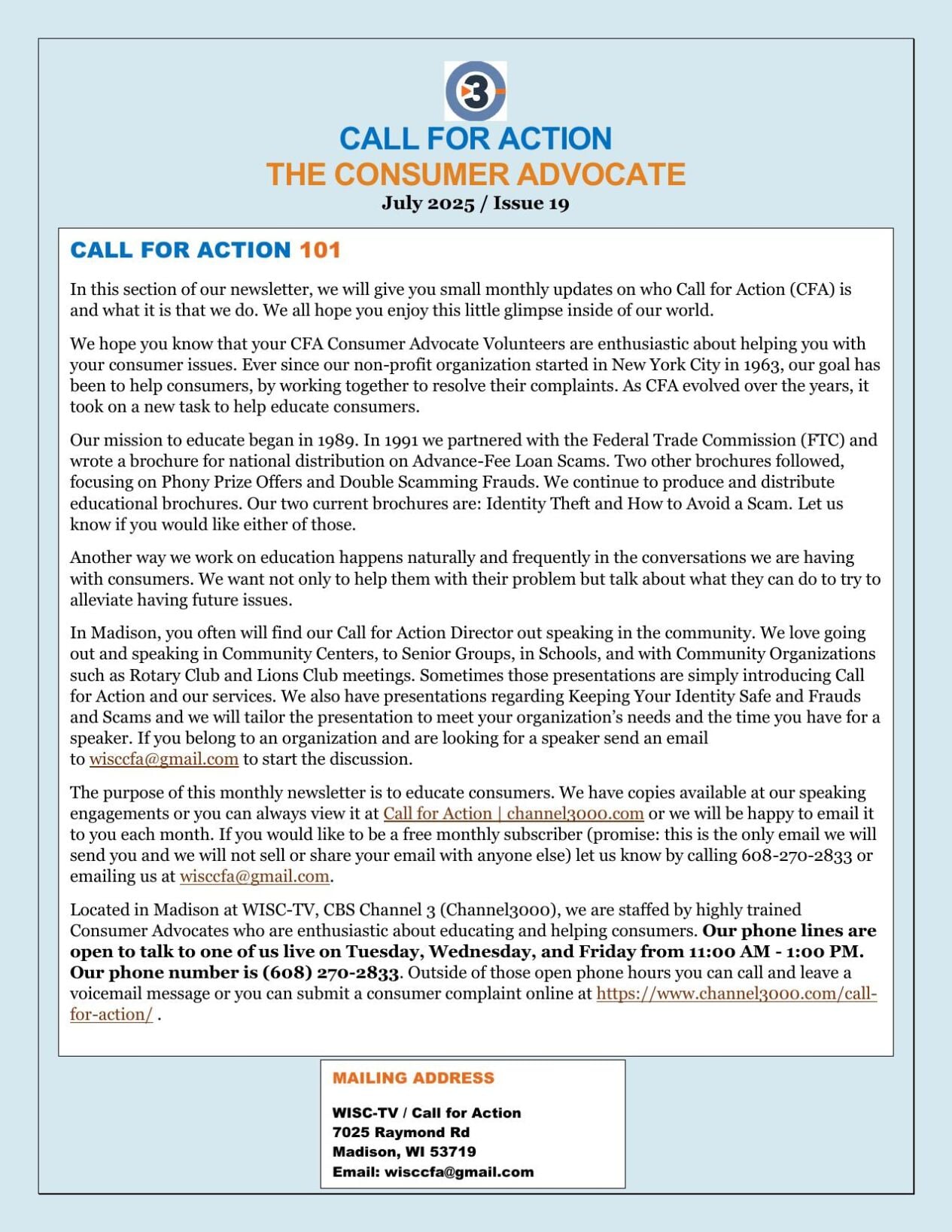 Call for Action Newsletter: July 2025 | Call for Action | channel3000.com