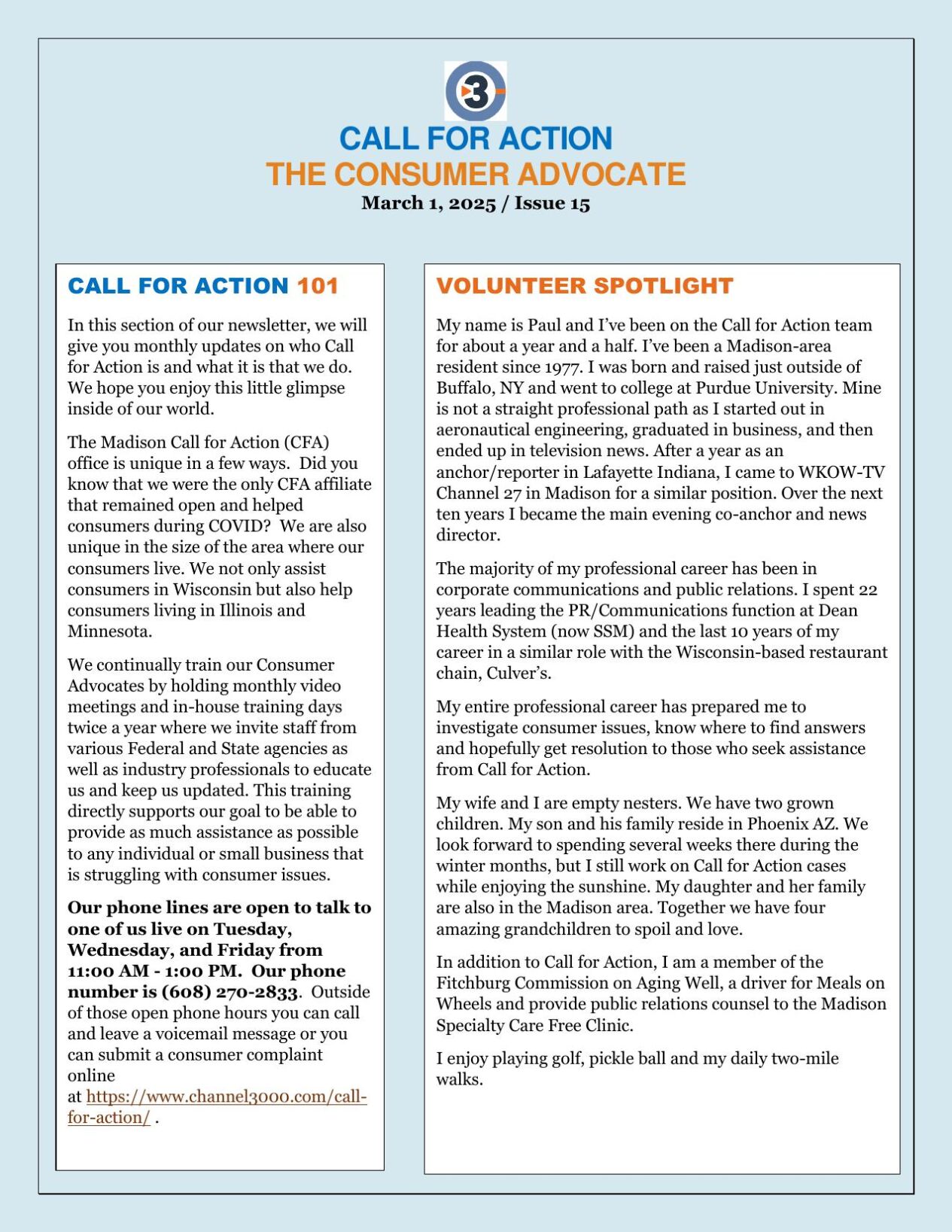 Call for Action Newsletter: March 2025 | Call for Action | channel3000.com
