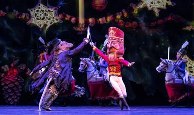 Dancers Temur Suluashvili and José Pablo Castro Cuevas in The Joffrey Ballet's Nutcracker. (Photo by Todd Rosenberg)