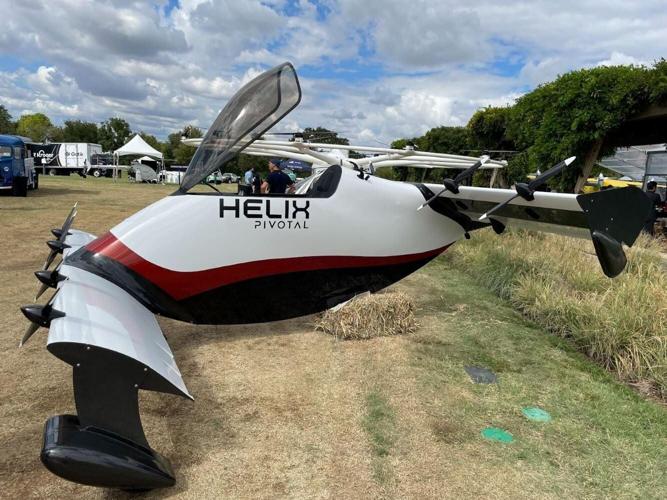 The Pivotal Helix, an electric vertical-takeoff-and-landing aircraft featured at the show. It is displayed outside on McCormick Square at the entrance to McCormick Place, between the West and North/South Buildings. (IMTS photo)