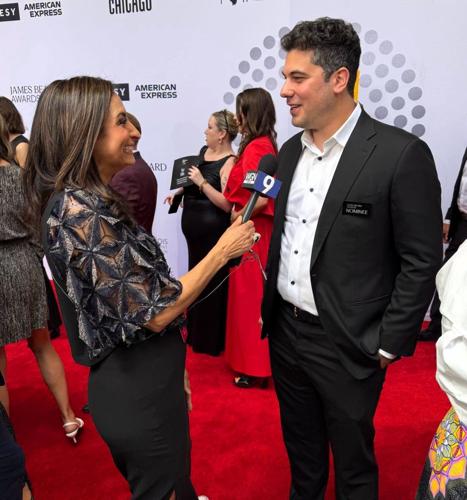 Chef Jacob Potashnick of Feld Restaurant wins Chef of the Year- Great Lakes. Here he is being interviewed by WGN-TV's Lourdes Duarte.