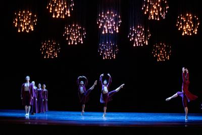Fernando Duarte, Hansol Jeong, and ensemble in "Vespertine" from The Joffrey Ballet's "Beyond Borders" season opening program. (Photo by Cheryl Mann)