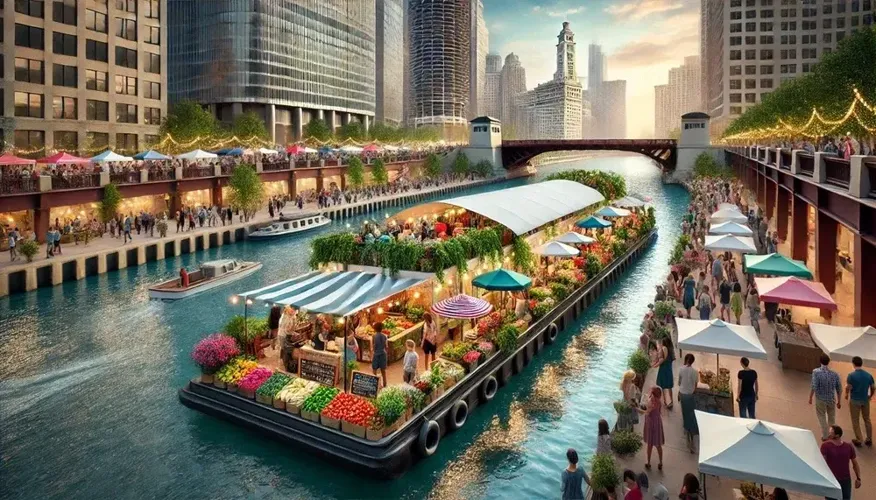 The Cultural Stadium plan envisions floating farmers' markets. (Rendering courtesy of Chicago Cultural Stadium)