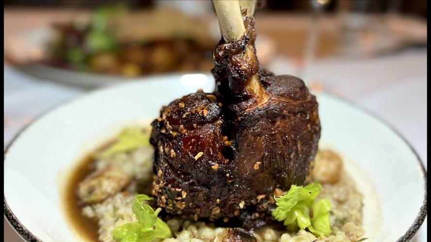 Molasses and mustard seed glazed Duroc pork shank