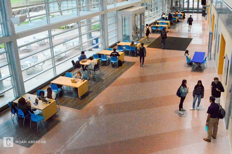 Students studying feature, Business Building west