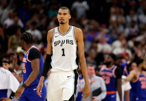 Victor Wembanyama of the San Antonio Spurs reacts during the team's loss to the New York Knicks in game five of the NBA Finals
