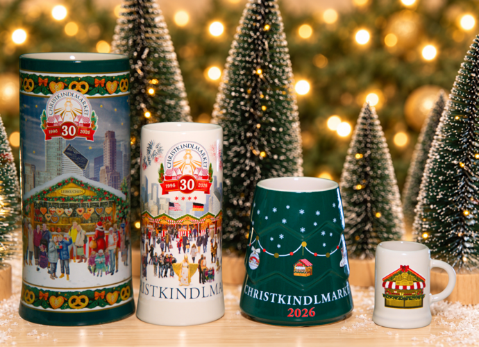 Christkindlmarket celebrates its 30th anniversary with new 2026 mugs, a beer stein, ornament, Krampus stuffie, pins and gift box. (Photo by Patrick Tucker)