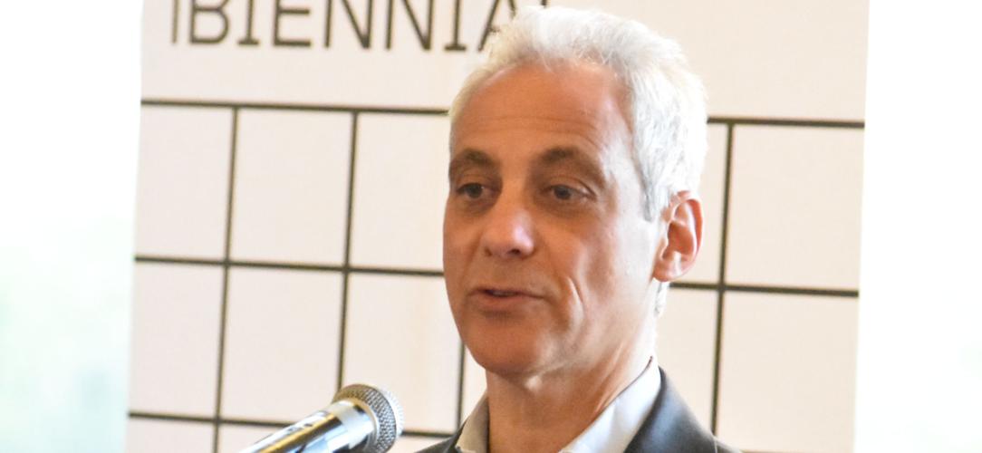 Chicago (then) Mayor Rahm Emanuel speaks at the Chicago Architecture Biennial