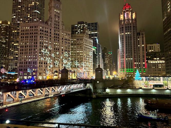 Snowflake projections on the Wrigley Building. (Photo by Candace Jordan)