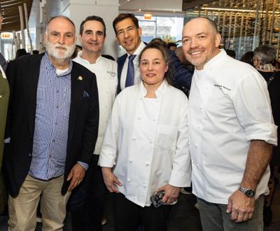 Party at Avli on the Park for "Chicago Chefs Cook for Earthquake Relief" included Jose Andres (founder World Central Kitchen), Chef Tony Priolo, Alexi Giannoulias, Chef Sarah Stegner and Chef Giuseppe Tentori. (Photo by Eric Kleinberg)