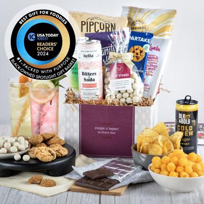 The Packed with Purpose Black-Owned Spotlight Gift Basket has been voted by USA Today 10Best Readers as the Best Gift for Foodies. This delicious assortment of treats - including cookies, chips, popcorn, and cold brew coffee - shines a spotlight on Blac...