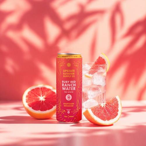 Ruby Red Ranch Water bursts with juicy grapefruit, 10mg of hemp-derived THC, and a blend of adaptogenic mushrooms