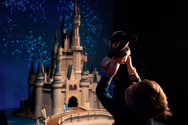 Cinderella Castle model from Magic Kingdom® Park at Walt Disney World® Resort on display inside the Your Disney World: A Day in the Parks gallery at Disney100: The Exhibition. (Photo courtesy © Disney)