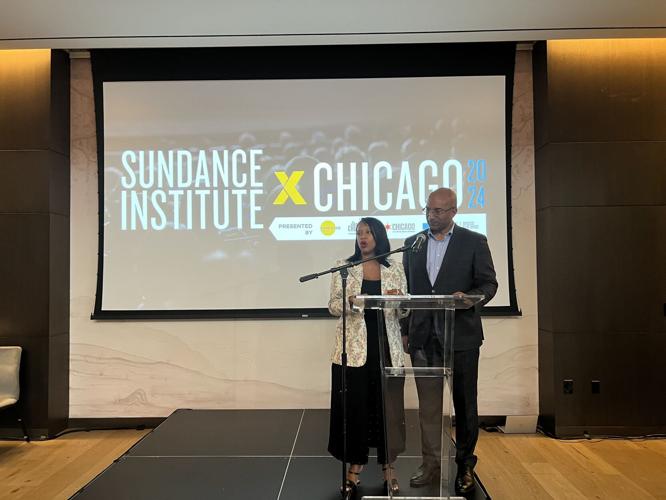 Clinee Hedspeth (President/CEO Dept. of Cultural Affairs and Special Events, DCASE) and Rich Gamble (Interim CEO Choose Chicago) welcome guests to Sundance X Chicago's opening night reception at The Study at University of Chicago. (Photo | Candace Jordan)