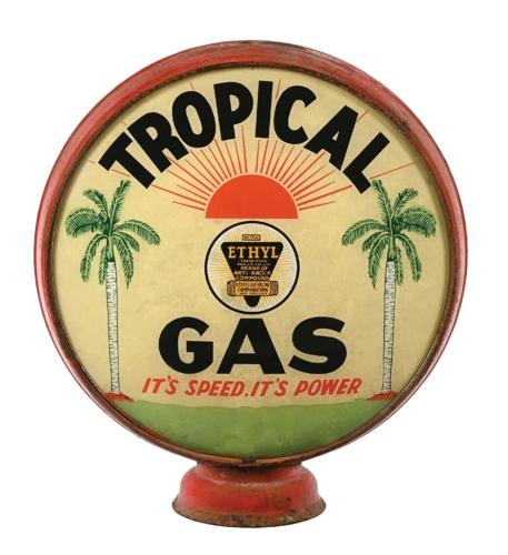 Rare Tropical Gas 'It's Speed It's Power' single 15in globe lens with attractive double-palm-tree and sunburst graphic, on original low-profile metal body. One of only two known examples of its type. Originally found in Florida complete, but subsequentl...