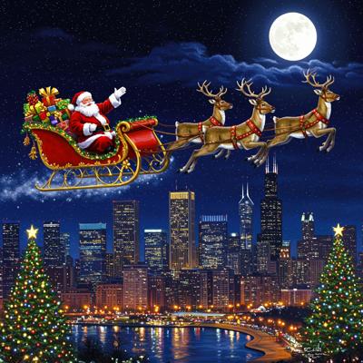 Santa in his sleigh bringing joy and goodwill to Chicago (Image Shutterstock AI)