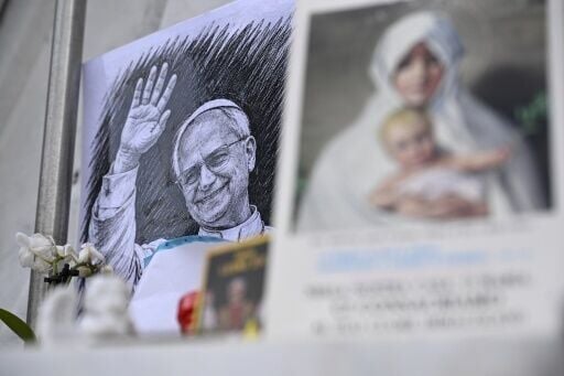 A drawing of Pope Leo XIV outside the Gemelli University Hospital, where the pontiff is recovering from surgery to remove a cancerous lung tumour