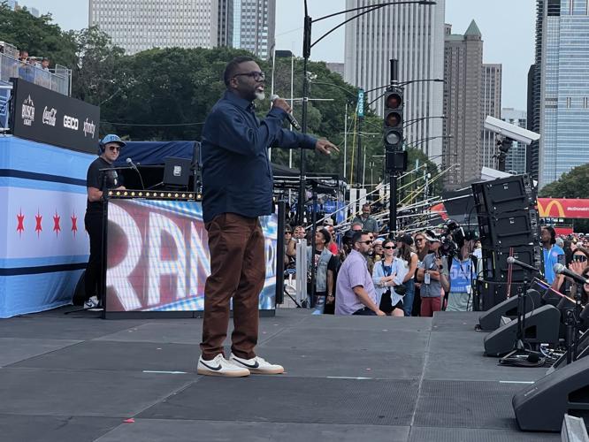 Mayor Brandon Johnson addressing the NASCAR crowd on Sunday, July 7. (Photo Candace Jordan)