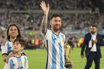 Lionel Messi breaks World Cup scoring record.   (Ciudad Autonoma de Buenos Aires, Argentina, 24, March, 2023. Lionel Messi from Argentina National Team with the Fifa World Cup after the match between Argentina National Team vs. Panamá National Team. (Sh...