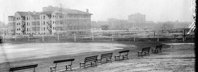 Streeterville, showing benches at the waterfront and a large apartment building
