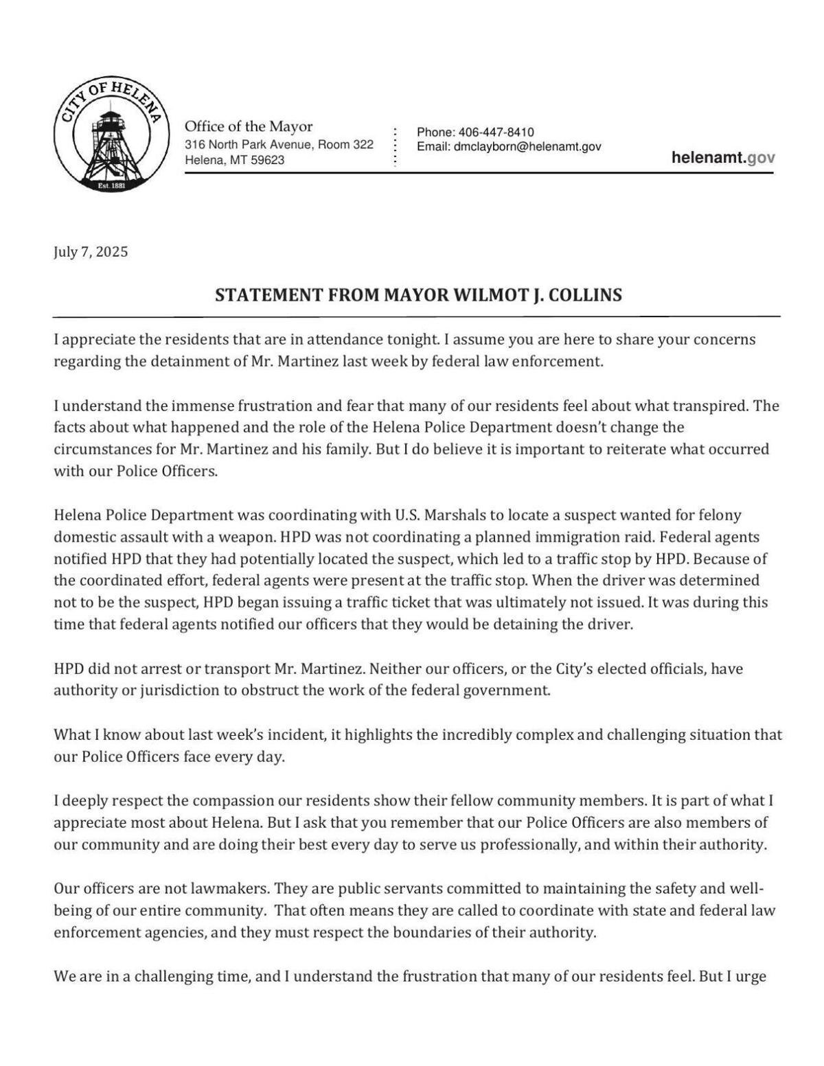 Mayor Collins statement on ICE arrest