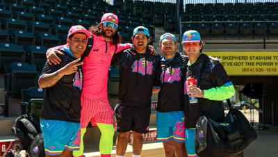 Tri-City Chili Peppers and Glowmojis players, Aric Vasquez, Brett Fick, Matt Yee, Stephen Chamblee, and Mikade Johnson (left to right) at Cosmic Takeover Tour Spring Training. Photo: Cindy Dong/3N2.
