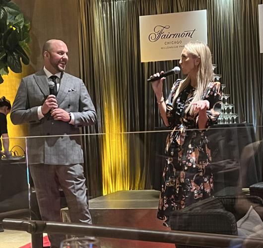 Nick OrRicco, GM Fairmont Chicago, and Giuliana Rancic welcome the crowd to the hotel. (Photo courtesy of Kaleidoscope Vue Consulting)