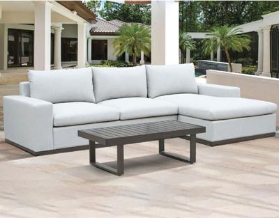 Darvin's biggest biggest Memorial Day Sale ever! Shown, a 2-piece modern outdoor sofa chase with quick drying foam. Designed to look like indoor, built for outdoor.
