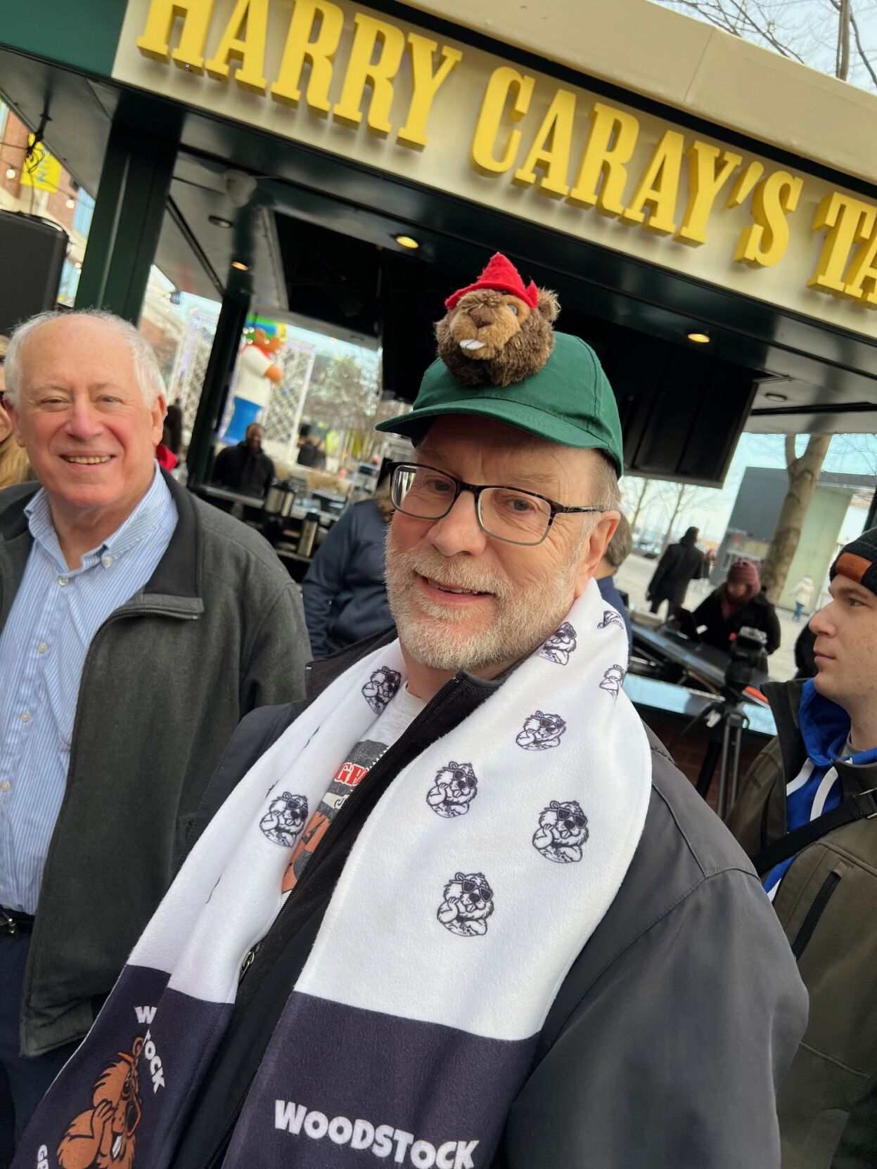 Guest gets into spirit of the day as former Governor Pat Quinn looks on. (Photo by Candace Jordan)