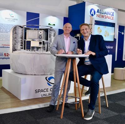 Nicolas Gaume, CEO of Space Cargo Unlimited, and Kyle Acierno, CEO of Exobiosphere, mark the signing of a strategic MoU at the Paris Air Show, launching a partnership to deliver sovereign, end-to-end biotech missions in low Earth orbit.