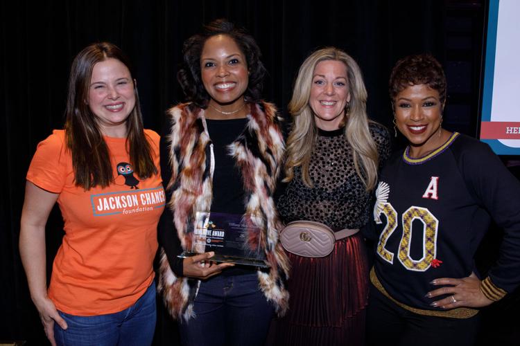 Sara Licht, 2017 Owl Give winner Tiffany McCallum, JCF founder Carrie Meghie and emcee Val Warner WCL. (Photos from 2017 courtesy of JCF)