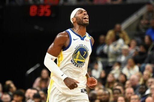 Golden State's Buddy Hield reacts during the Warriors' NBA victory over the Utah Jazz
