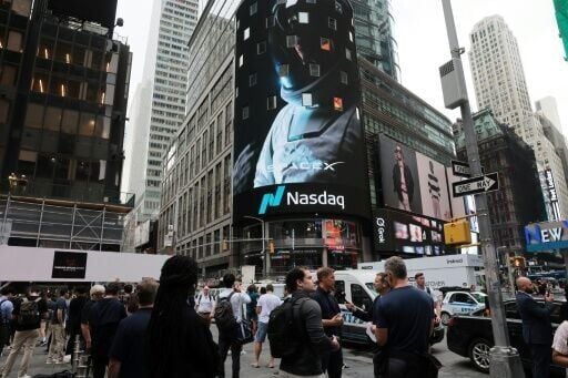 The SpaceX logo outside the Nasdaq Marketsite at the launch of the company's IPO