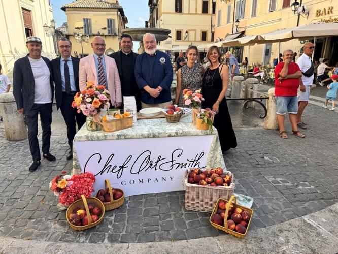 Celebrity chef Art Smith and Executive Chef Hector Guerrero during the 90th annual Peach Festival at Castel Gandolfo, adding another memorable chapter to Smith's remarkable papal culinary journey. (Provided image)
