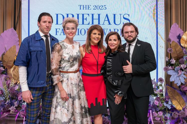 Louis Bisceglie (judge/ Neiman Marcus Michigan Ave.); Sylwia Wilczynska (designer/judge); Sylvia Perez (emcee/ Fox-32 anchor); Tracey Tarantino DiBuone (executive producer) and Tanner Branson (Freeman's | Hindman/judge). (Photo by Allen Bourgeois)