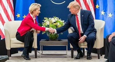 President Donald Trump and President of the European Commission Ursula von der Leyen come to historic trade agreement. Here they are shown during the 50th Annual World Economic Forum meeting Tuesday, Jan. 21, 2020, at the Davos Congress Centre in Davos,...
